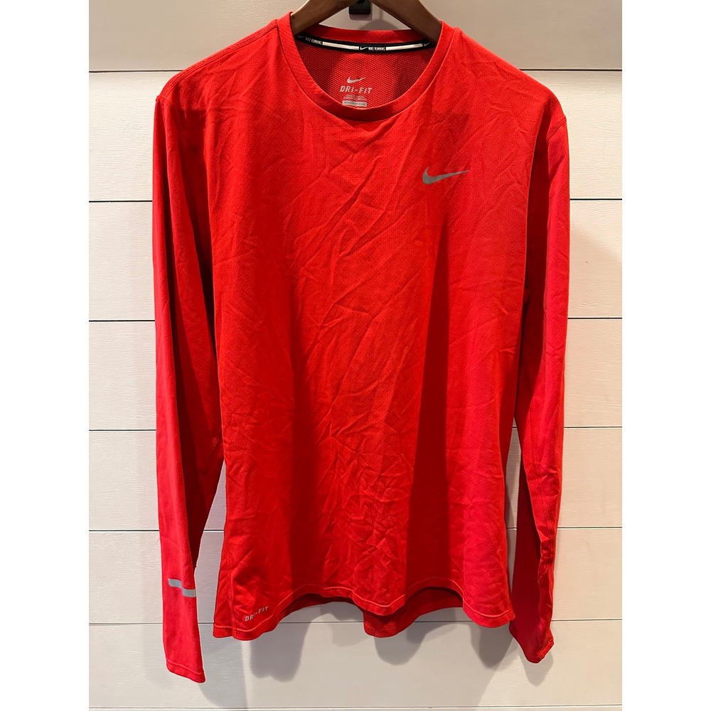 Nike Running Dri-FIT Long Sleeve Shirt Mens Medium Red Crew Neck Reflective Logo